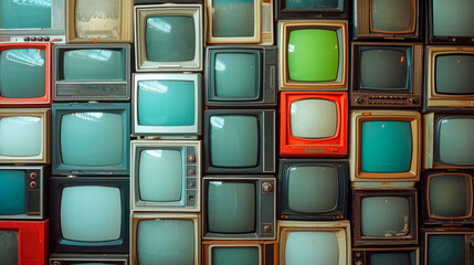Multicolored old TVs are stacked. They are outdated.