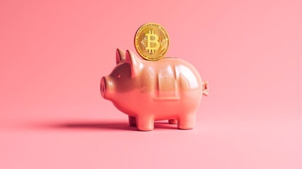 Piggy bank with bitcoin on a pink background. Concept on the topic of storing money in digital currency.