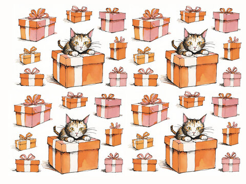 Cute cat pattern with orange gift box for watercolor background.