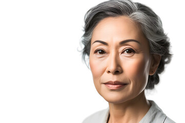 Close up portrait of beautiful mature asian woman isolated on white or light background