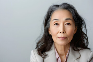 Fototapeta premium Close up portrait of beautiful mature asian woman isolated on white or light background