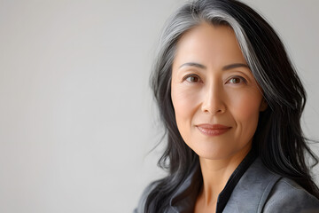 Fototapeta premium Close up portrait of beautiful mature asian woman isolated on white or light background