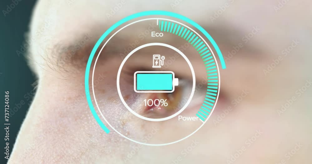 Poster animation of battery charge icon and data processing over caucasian man