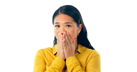 Portrait, shock and model with hands on mouth, horror and reaction to news information or report. Japanese .woman, face or disappointment for gossip drama or isolated on a transparent png background