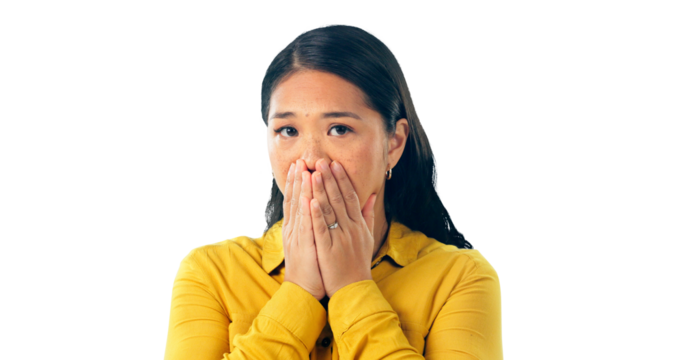 Portrait, shock and model with hands on mouth, horror and reaction to news information or report. Japanese .woman, face or disappointment for gossip drama or isolated on a transparent png background