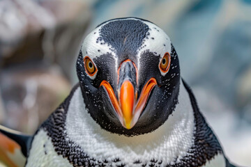 Close-up view of a curious penguin with its distinctive black and white plumage and expressive eyes