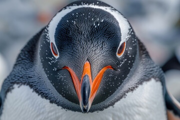 Close-up view of a curious penguin with its distinctive black and white plumage and expressive eyes - obrazy, fototapety, plakaty