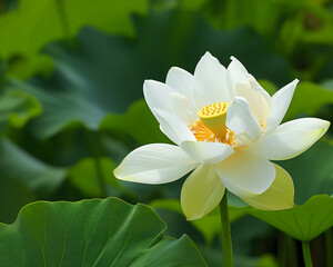 Bright white lotus flower opens up against the vibrant green of the lily pads, with a yellow center and visible stamens