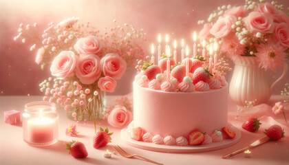 Candles with pink cake. wedding, birthday celebration rose flower. generated by AI.