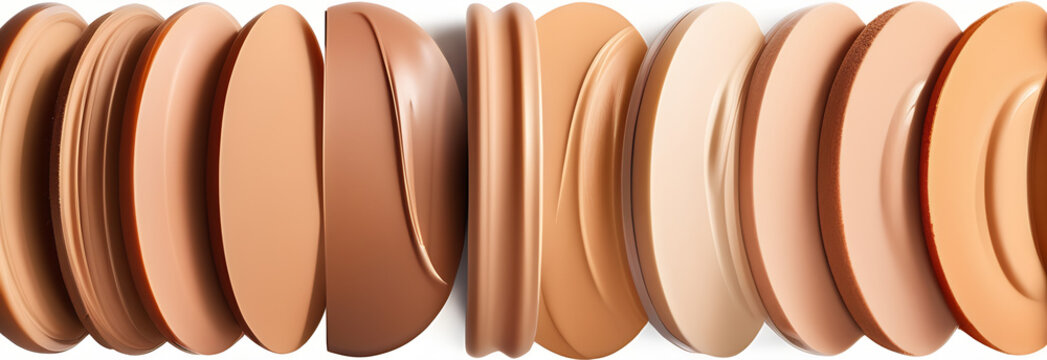 Different shades of liquid skin foundation on white background. Skin tone swatches. Makeup concept.
