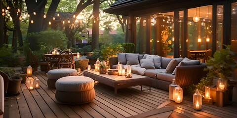 Of a lavish side outside garden at morning, with a teak hardwood deck and a black pergola. Scene in the evening with couches and lounge chairs 4K motion