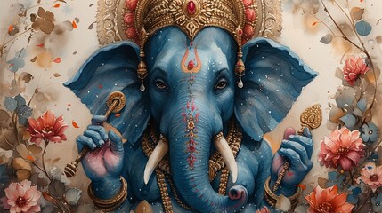 Goddess of the Month Blue Elephant with Golden Trunk and Neckpiece Generative AI