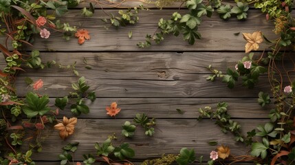 Natural Harmony: Wooden Table with Surrounding Greenery and Blank Center