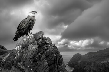 A stunning sea eagle perched majestically atop a cliff, surveying its domain with watchful eyes