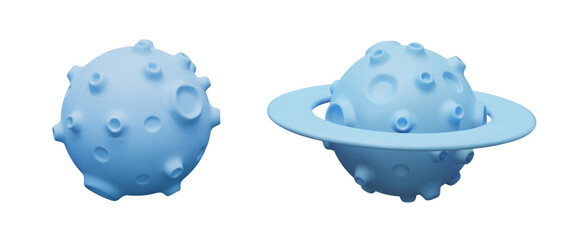 Set of blue planets with craters and ring. Astronomical objects with textured surface