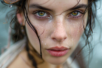 A mesmerizing close-up of a young woman's face, embodying the spirit of a beautiful pirate