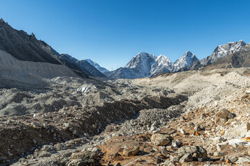 View of Taboche, Cholatse and Lobuche mountains and Khumbu Glacier from Everest Base Camp during EBC or Three Passes trekking in Khumjung, Nepal. Highest mountains in the world.
