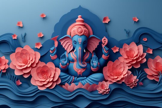Ganesh the Guru of Good Fortune A Blue and Pink Celebration of the Hindu God Generative AI