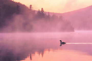 Obraz na płótnie Canvas A loon glides silently on a mist-covered lake at sunrise
