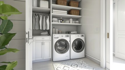 Functional Laundry Area with Built-in Shelves. Generative ai,  - obrazy, fototapety, plakaty