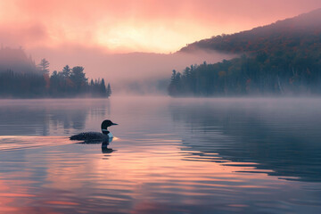 A loon glides silently on a mist-covered lake at sunrise