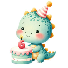 baby dragon birthday celebration 6 year olds watercolor clip art isolated on the white background