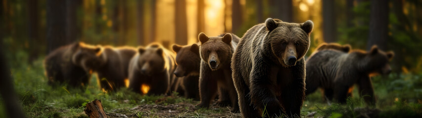 Brown bear family standing in front of the camera in the forest with setting sun. Group of wild...