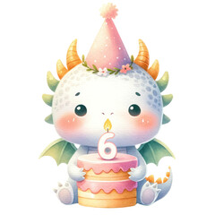 Naklejka premium baby dragon birthday cake celebration 6 year olds watercolor clip art isolated on the white background
