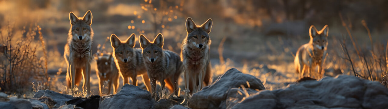 Coyot family standing in front of the camera in the rocky plains with setting sun. Group of wild animals in nature. Horizontal, banner.