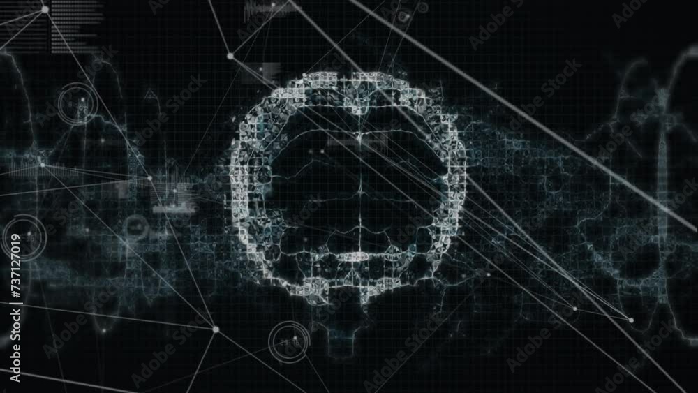 Poster Animation of human brain, dna strand and data processing on dark background