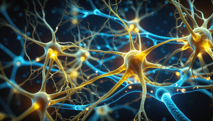 Close-up of a neuron or nerve cell integrated in the neuronal network and sending and transmitting impulses