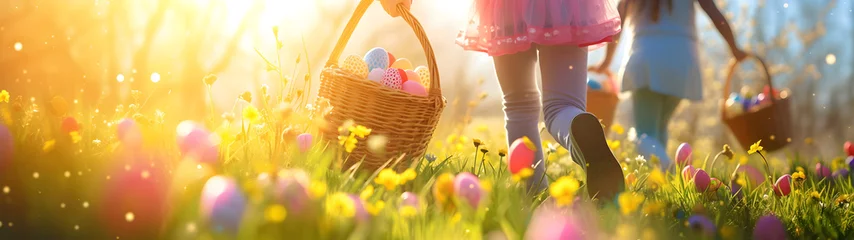  Children holding baskets with colorful Easter eggs in a meadow with grass and spring flowers. Celebration, Tradition, Happiness and Childhood concept. © linda_vostrovska