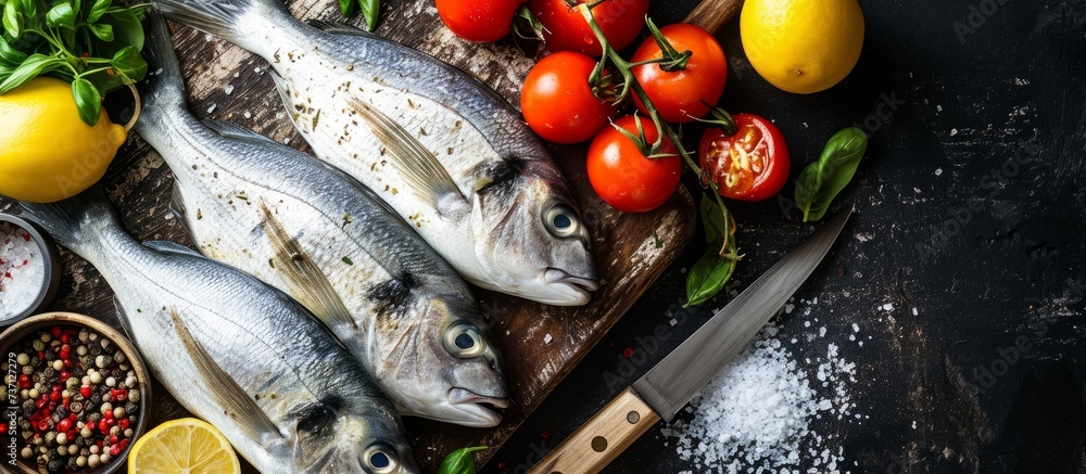 Poster there are many different types of fish and vegetables on the table . high quality