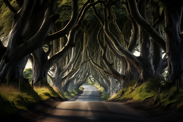 a tree covered road, in the style of gothic atmosphere, british topographical - obrazy, fototapety, plakaty