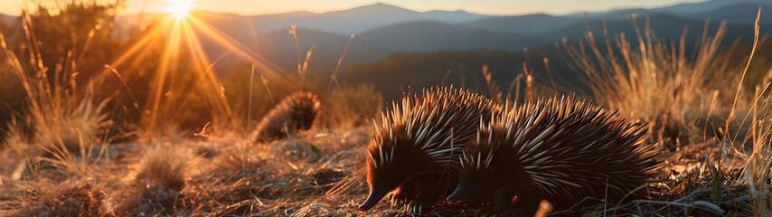 Echidna in the mountainous countryside with setting sun shining. Group of wild animals in nature. Horizontal, banner. - obrazy, fototapety, plakaty