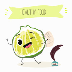 Cute  cartoon bergamot characters with different activities. Flat vector illustration, funny fruits. Organic food.