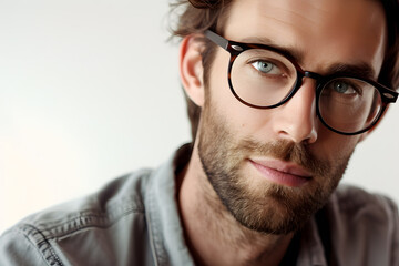 Close up portrait of handsome man wearing eyeglass. Elegant man in glasses. Optics style for men