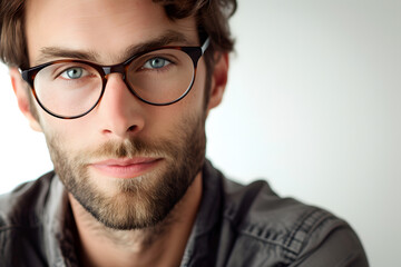 Obraz premium Close up portrait of handsome man wearing eyeglass. Elegant man in glasses. Optics style for men