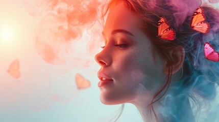 Woman's profile with butterflies and a smoke-like aura - obrazy, fototapety, plakaty