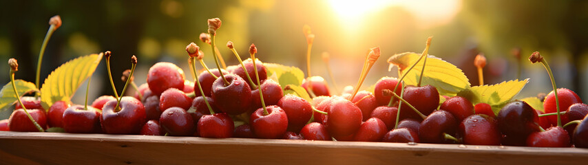 Sour cherries harvested in a wooden box in an orchard with sunset. Natural organic fruit abundance. Agriculture, healthy and natural food concept. Horizontal composition, banner. - obrazy, fototapety, plakaty