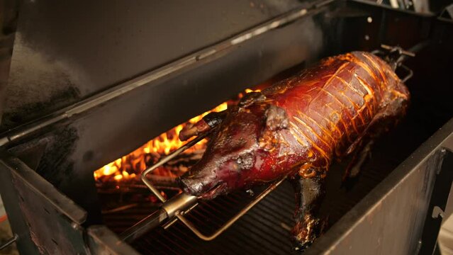 Roasted Whole Pig spinning on a Spit Over Open Fire for a Traditional Feast