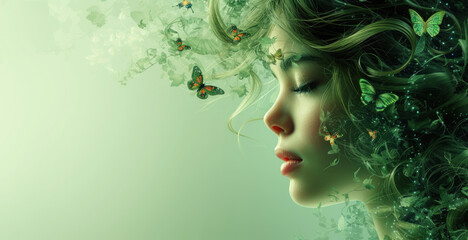 Tender dreamy female portrait with butterflies in her hair on a green background. Banner with place for text - obrazy, fototapety, plakaty