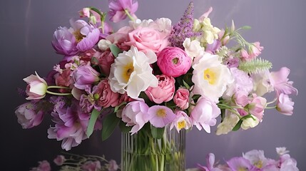 Beautiful bouquet of roses and orchids on lilac pink background. Generative AI