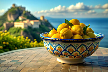 fresh lemons in a ceramic bowl, italy, ischia, summer - obrazy, fototapety, plakaty