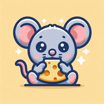 Little cute mouse with big eyes eating cheese cartoon flat logo
