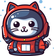 Cute cartoon cat astronaut space suit floating. Whimsical kitty exploring outer space vector illustration
