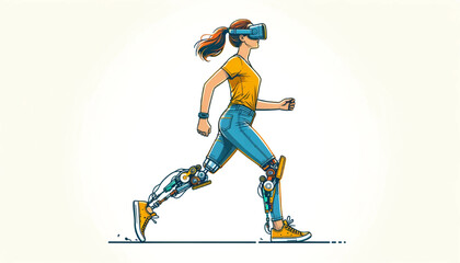 disabled woman wearing VR goggles and walking with bionic legs