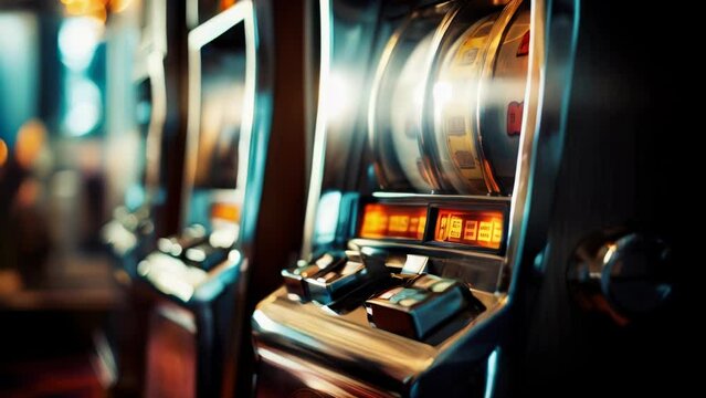 A detailed view of a slot machine in a bustling casino. Perfect for illustrating the excitement and thrill of gambling. Ideal for casino-themed designs and promotions.