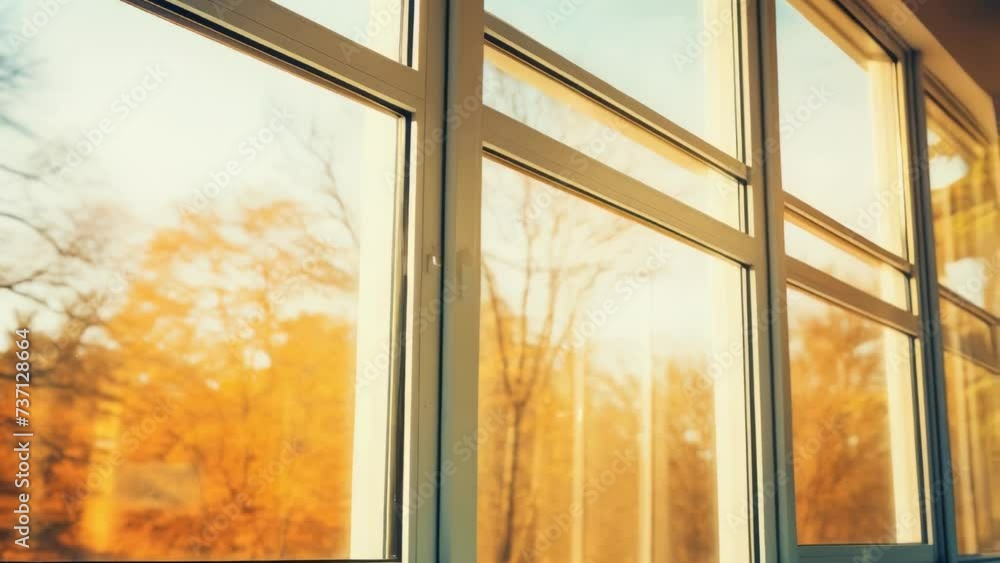 Poster A window with a clear view of the beautiful trees outside. Ideal for adding a touch of nature to any design or project.