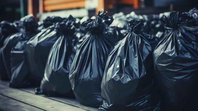 A row of black garbage bags placed on a sidewalk. This image can be used to depict waste management, cleanliness, or urban environment. .